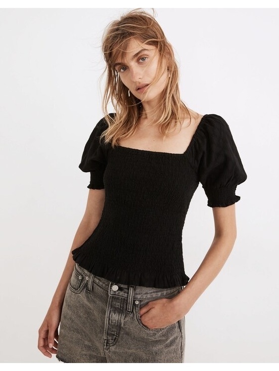 Madewell Tops - Madewell Lucie Puff-Sleeve Smocked Bodice Top Black Small